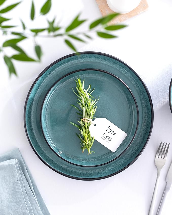 PURE LIVING INTERIOR DESIGN Stoneware small dinner plates set 2 pcs – 7.5" dark petrol blue ceramic salad & dessert plates – Dishwasher and microwave safe – Stylish plates set – Dinner service