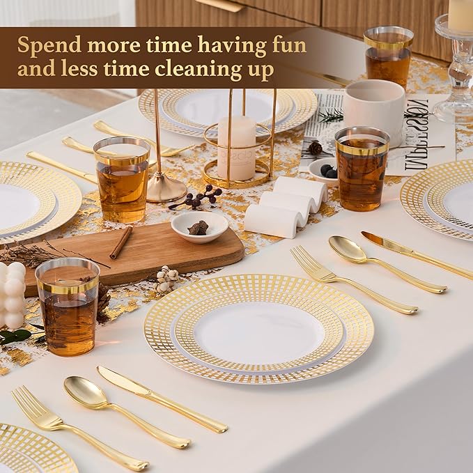 Fijinhom 100PCS Heavy Duty Gold Plastic Plates for 50 Guests, for Party, Wedding, Birthday, Dinnerware Set of 50PCS 10" Dinner Plates & 50PCS 7.5" (Gold)