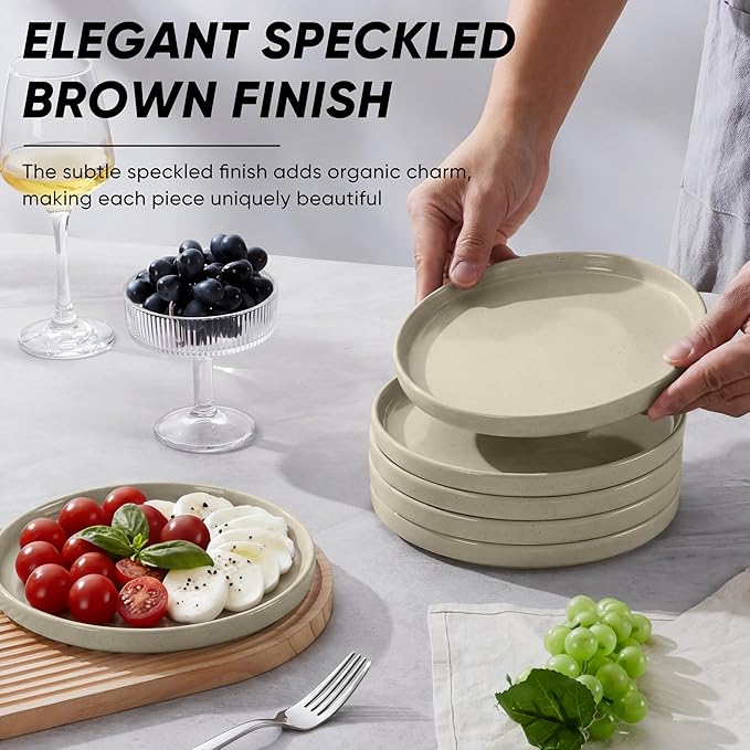 E-far 7.9 Inch Ceramic Dinner Plates, 6-Piece Stoneware Salad Plates with Raised Edges, Chip & Scratch Resistant | Microwave & Dishwasher Safe Dessert Dishes for Appetizer Salad, Speckled Khaki
