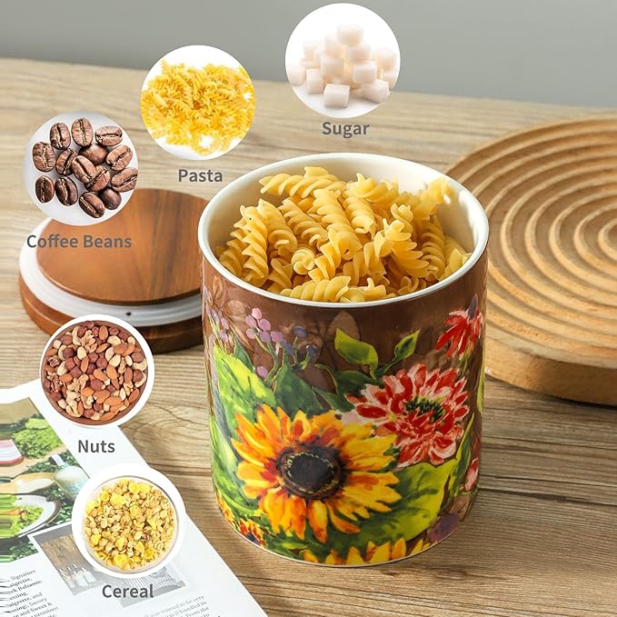Oil painting Sunflower Food Storage Jar Strong Ceramic Storage Canisters with Airtight Seal Bamboo Lid Modern Design Seal Damp-Proof Kitchen Jar for Coffee, Tea,coffee