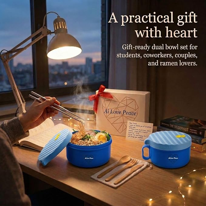 AI LOVE PEACE Microwave Ramen Bowl Set of 2, 40 oz Ramen Noodle Bowls with Lids, Microwave Noodle Bowl for Soup, Pho, Pasta, Rice & Oatmeal, Dishwasher Safe (2 x Blue)