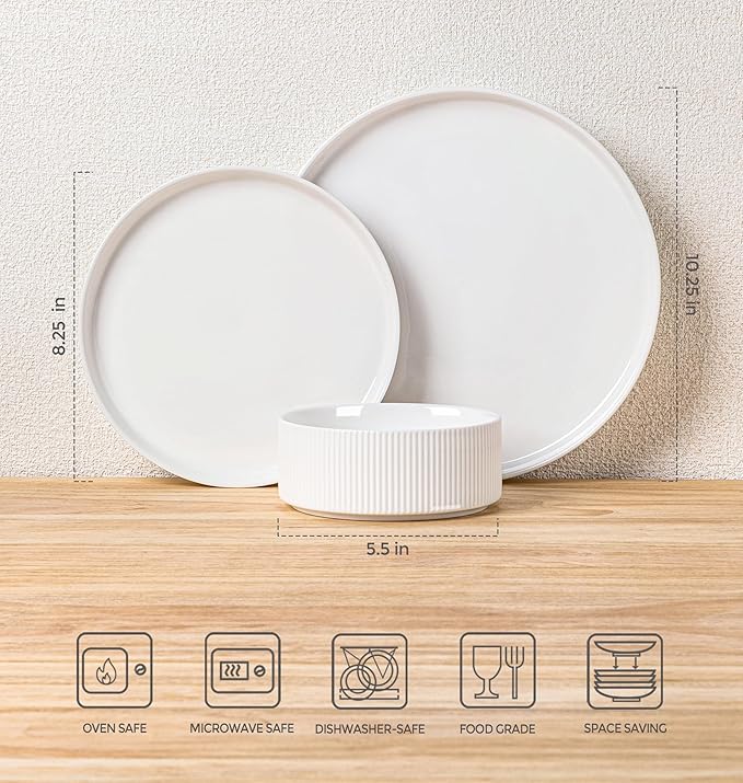 TheTerra Ceramic Dinnerware Sets for 8, 24 Pieces Porcelain Lightweight Plates and Bowls Sets, Scratch Resistant Dish Set, Oven & Microwave & Dishwasher Safe, Crisp White