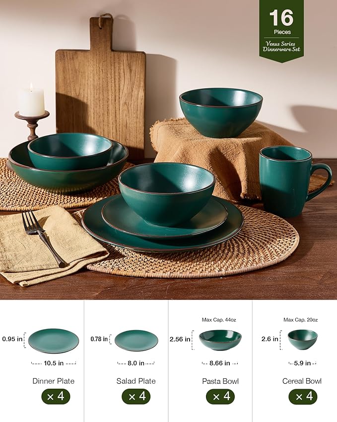 Famiware Venus Stoneware Dinnerware Set with Pasta Bowls for 4, 16-Piece Speckled Plates and Bowls with Trim, Matte Dark Green - Chip‑Resistant Dishes for Everyday & Formal, Microwave/Dishwasher Safe