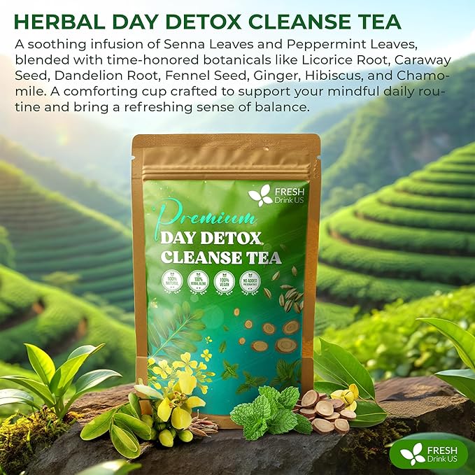 FreshDrinkUS, 30 Tea Bags of Herbal Day Cleanse Tea – 30 Day Program | Refreshing Mint Blend with Dandelion, Senna & Hibiscus | Naturally Supports Wellness & Light-Feeling | Caffeine-Free Herbal Tea