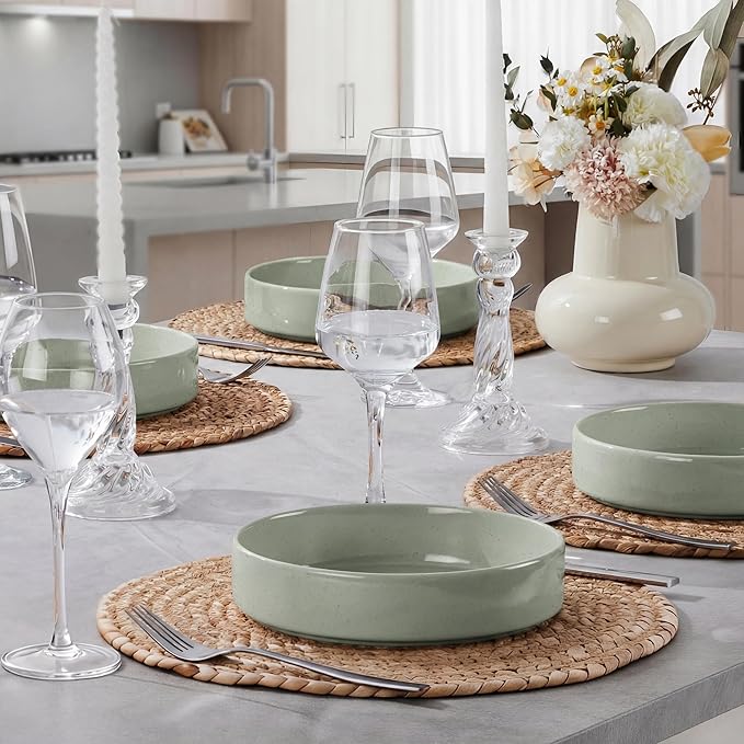 E-far Pasta Bowls Set of 6, 35 oz Large Stoneware Bowl Plates | Shallow & Wide Ceramic Pasta Serving Plates for Salad Dinner Soup | Microwave & Dishwasher Safe, Speckled Green