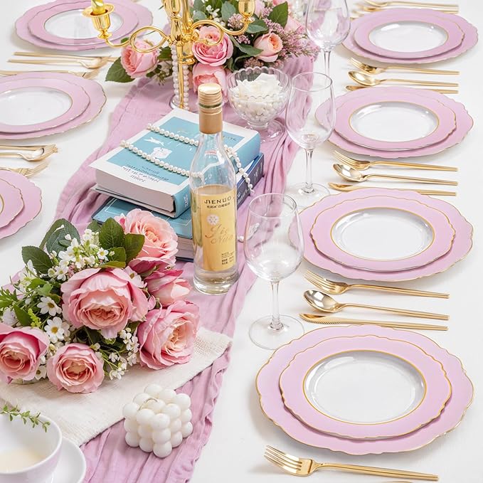 WDF 60Pcs Pink Plates Disposable with Gold Rim - Baroque Clear Pink and Gold Plastic Party Plates Ideal for Wedding/Baby Shower/Spring