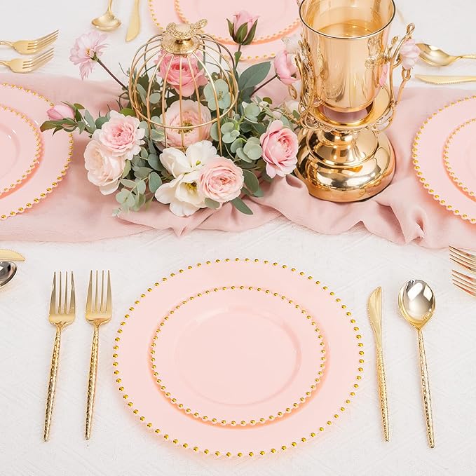 supernal 100pcs Pink Plastic Plates with Gold Beads Plates Disposable Heavy Duty Valentine's Day Decorations Includes 10 inch Dinner Plate and 7 inch Dessert Disposable Plate for Party,Wedding