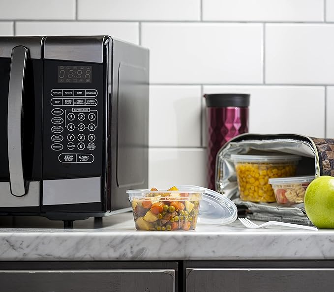 ELEGANT DISPOSABLES 8 OZ - 24 Sets Plastic Deli Food Storage Containers with Airtight Flexible Lids Microwavable, Leak Free, Washable, Freezer Safe.