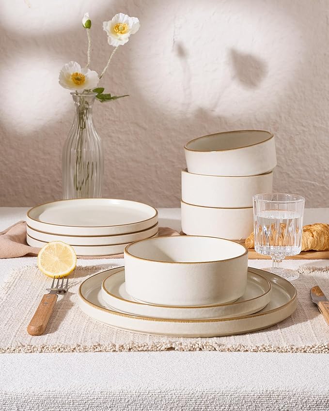 Famiware Nebula Plates and Bowls Sets, 12 Pieces Stoneware Dinnerware Sets, Reactive Glaze Dish Set, Dishes Set for 4, Matte Beige White with Brown Rim