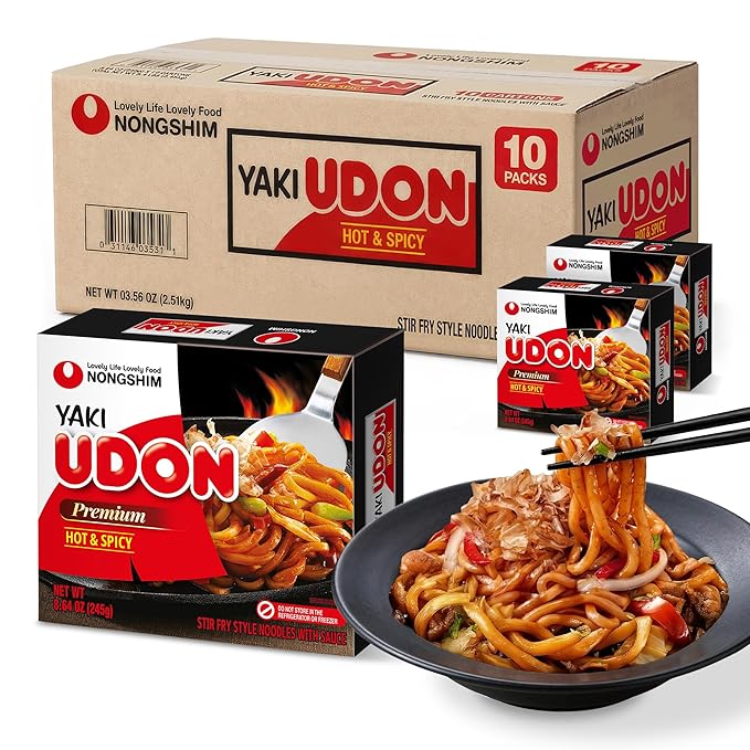 Nongshim Yaki Udon Hot & Spicy, Stir Fry Style Korean Inspired Noodles, Sweet and Spicy Sauce with Chewy Non Fried Noodles, Bold Flavor Noodle Dish, 8.64 oz (Pack of 10)