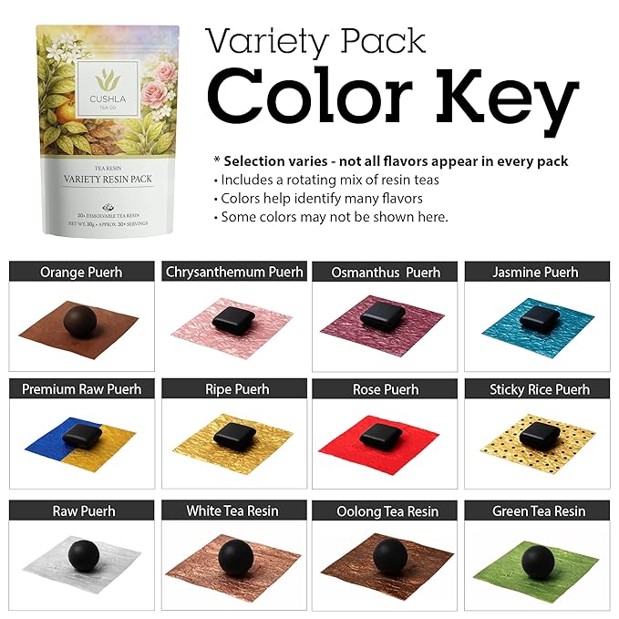 Pu-erh Tea Resin Variety Pack - Ripe Shu & Raw Sheng Puer from Yunnan | Instant Pu'er Tea | 30 Individually Wrapped Pieces