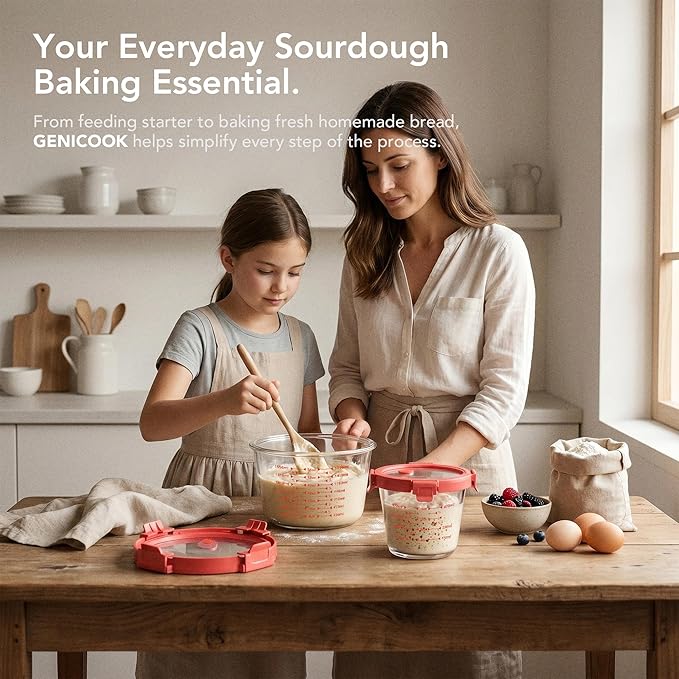 GENICOOK Glass Containers with Airtight Lids, 2-Piece Borosilicate Glass Baking Set (24oz & 71oz) for Sourdough Starter, Dough Mixing & Proofing, Wide Mouth with Easy-Read Measuring Marks, Microwave, Oven & Dishwasher Safe