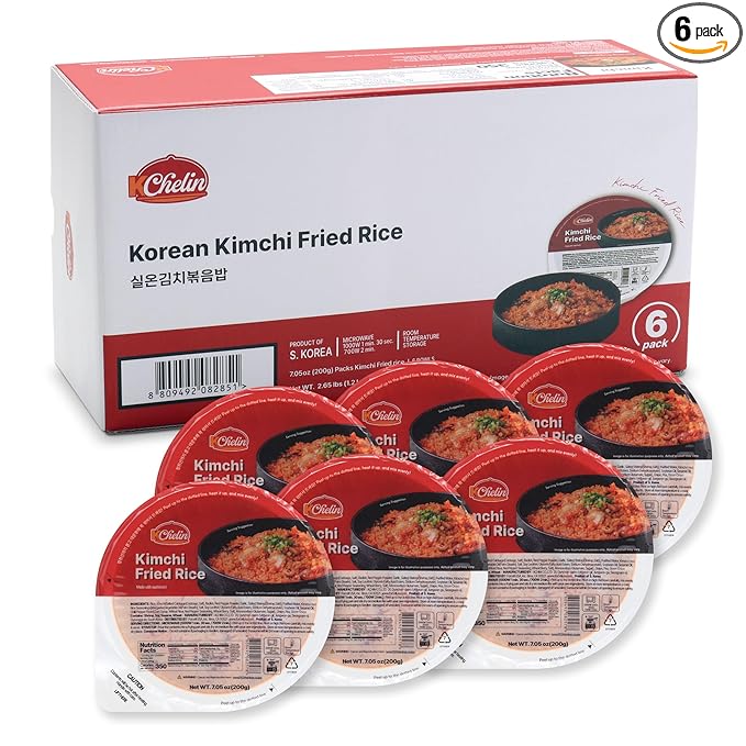 [KCHELIN] Microwaveable Korean Kimchi Fried Rice (Pack of 6), Korean Food, Instant, Quick & Delicious, Shelf- Stable, On-the-Go Meals, 7.05 oz per Bowl