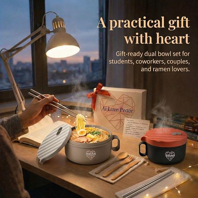 AI LOVE PEACE Microwave Noodle Bowl Set of 2, 40 oz Ramen Bowls with Lids, Dishwasher Safe Soup Bowl for Ramen, Pho, Pasta, Rice, College Dorm Essentials (Beige & Red)