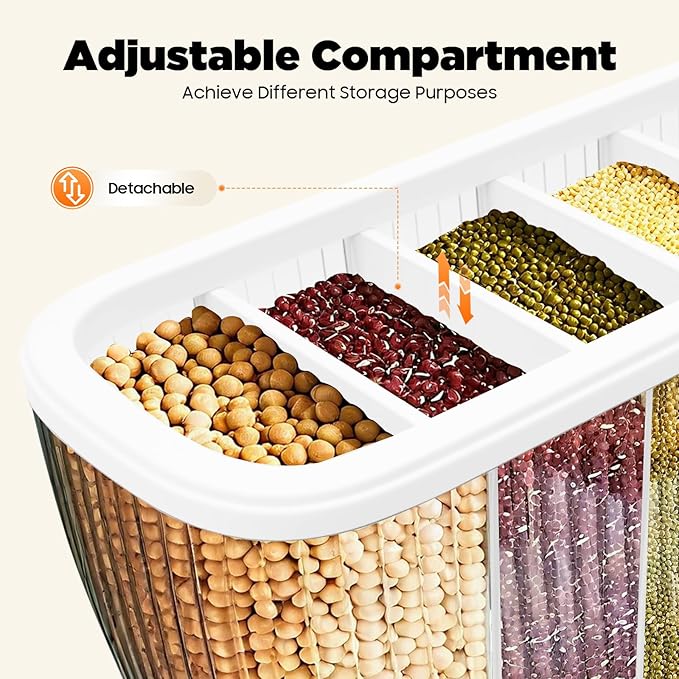 6 Grids Dry Food Dispenser Grain Rice Storage Dispenser with Measuring Cup, 22lbs Sealed Storage Tank for Home Kitchen, Detachable Partition