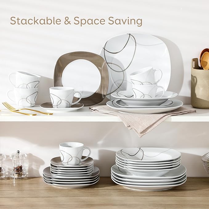 VEWEET 'Nikita' 30-Piece Dinner Set Ivory White Brown Lines Porcelain China Ceramic Combination Sets of Dessert Plates/Soup Plates/Dinner Plates/Cups/Saucers Service for 6