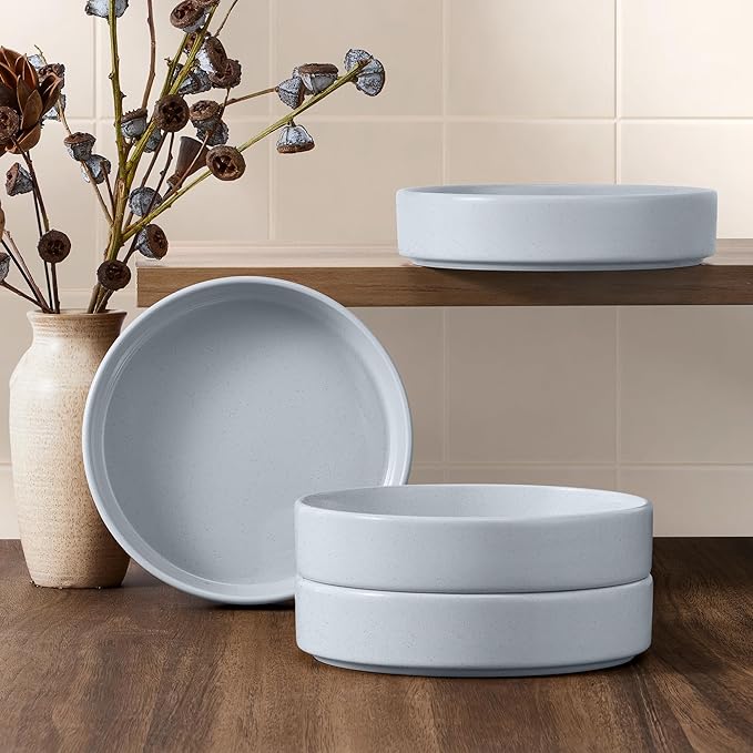 E-far Pasta Bowls Set of 4, 35oz Ceramic Large Salad Bowl Plates for Serving Soup Dinner, Shallow Stoneware Pasta Plate, Microwave & Dishwasher Safe, Speckled Gray