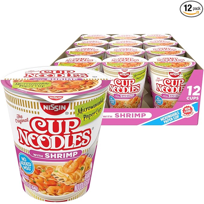 Nissin Cup Noodles Soup, Shrimp Flavor, Microwaveable Paper Cups, Instant Ramen, 2.25 Ounce (Pack of 12)
