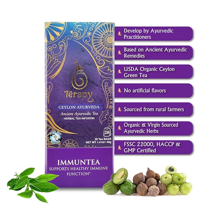 TERAPY Ceylon ImmunTea - Ayurvedic Immunity Tea with All Pure Herbal Ingredients, Ginger & Triphala for Immune Defense, Fortify Your Immunity, Low Caffeine, 20 Individually Wrapped Bags (Pack of 1)