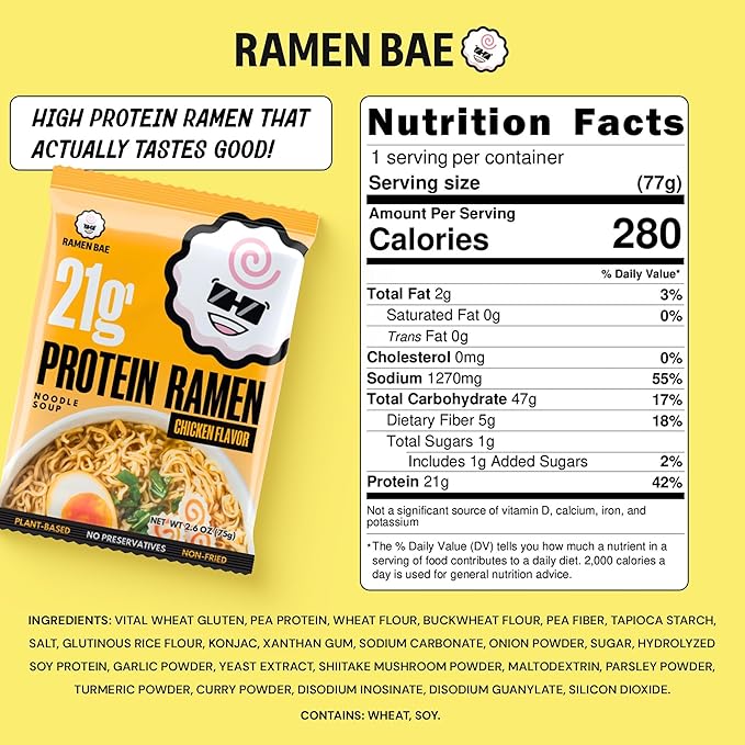 Ramen Bae High Protein Ramen Noodles - Chicken Flavor 21g Protein Soup - Air Dried Not Fried, Plant Based, Vegan Ramen Protein Noodles - Lower Carb, Sodium & Fat - Clean & Simple Broth (Pack of 6)