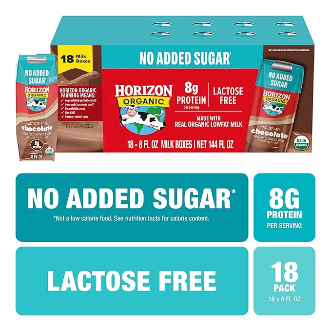 NEW Horizon Organic Shelf Stable No Added Sugar Lactose Free 1% Lowfat Chocolate Milk Boxes, Pack of 18-8g Protein per Serving