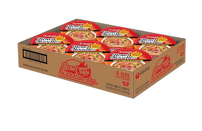 Nongshim Ramen Noodles, Gourmet Instant Ramen bowl, Premium Microwavable Noodle Soup, Kimchi, 3.03 Ounce (Pack of 6)
