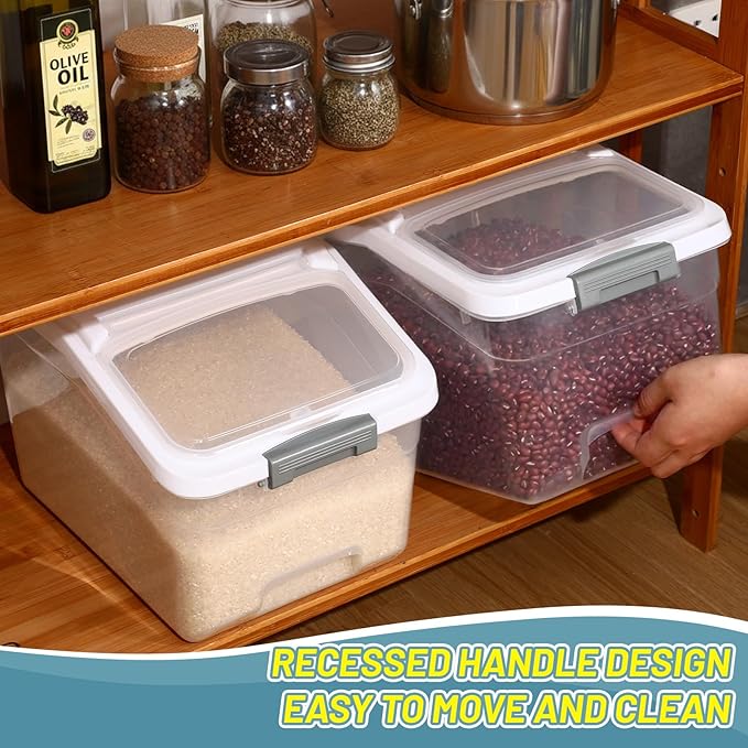Blushtier 4 Pack Large Rice Storage Containers 30 Lbs Airtight Flour Container with Seal Locking Lid and Measuring Cup Kitchen Dry Food Storage Bins for Cereal Sugar Beans(Transparent and White)
