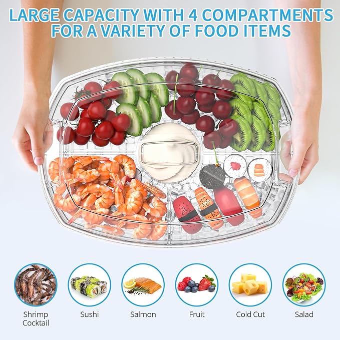 Ice Chilled Party Platter - 15'' Divided Serving Tray with Lid and 4 Compartments, Clear Fruit Trays for Serving for Party, Ideal Cold Chilled Serving Trays for Parties, Shrimp Cocktail, Etc