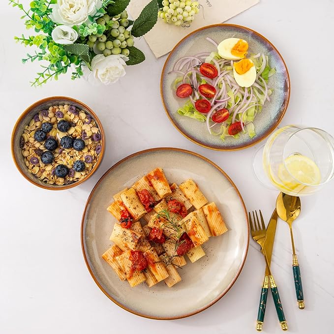 LERATIO Ceramic Dinner Plates Set of 6, 10.5 Inch Handmade Reactive Glaze Porcelain Plates, Coupe Shape Dinnerware Dishes Set for Kitchen,Oven& Microwave & Dishwasher Safe, Scratch Resistant-Kakhi