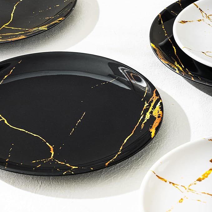 UNK U 10.5-Inch Marble Melamine Plates Set of 6, Black and White Marble Dinner Plates with Gold Accents, Dishwasher Safe Modern Plates for Wedding Dining & Special Events