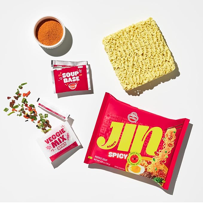 OTOKI Jin Ramen Spicy Korean Instant Ramen, 13-Hour Simmered Beef Bone Broth, Bold Spicy Flavor, Ready in 4 Minutes, 4.23 oz (Pack of 4)
