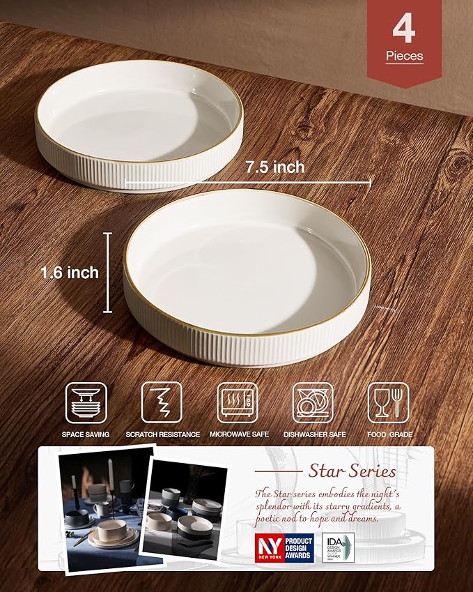 famiware Star 7.5" Pasta Bowls Set, Salad Bowl Set of 4, Double Reactive Glaze, Stackable, Ideal for Your Friend for Housewarming, Festivals, White