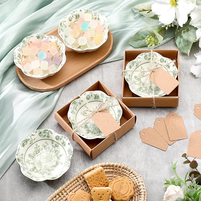 SiliFine 12 Pcs Wedding Favors for Guests Small Ceramic Bowl Bulk Gifts Set 3.3 Inch Floral Design Mini Dipping Sauce Dish with Card Box for Bridal Pooja Baby Shower Birthday (Flower,Sage Green)