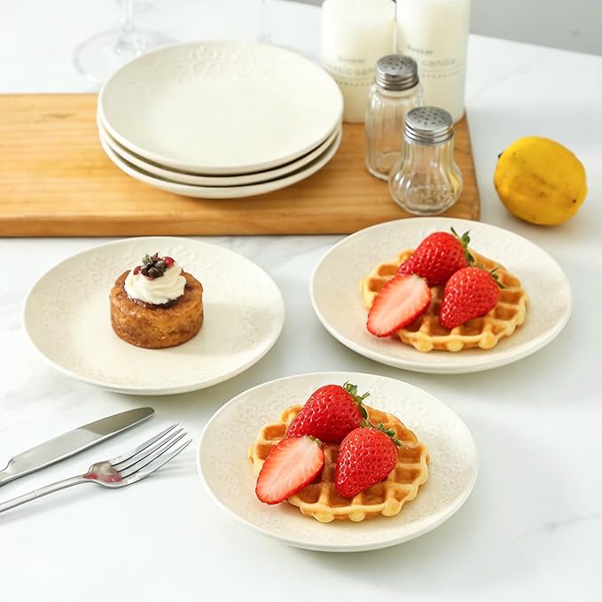 Neaylfe 6 Inch Ceramic Dessert Plates Set, Embossed Appetizer Plates for Kitchen, Lightweight Round Plates, Small Salad Plate for Cake Snacks Side Dish, Microwave Dishwasher Safe, Set of 6