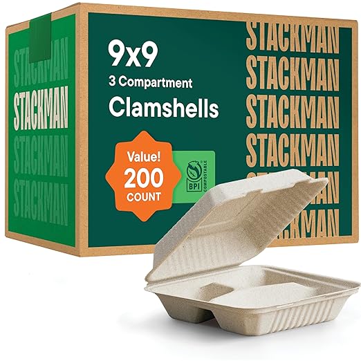 [Bulk - 200-Count] 100% Compostable To Go Containers 9x9" 3-Compartment Clamshell Take Out Food Container with Hinged Lid - Disposable Togo Plates - Eco-Friendly Takeout Box Made of Sugar Cane Bagasse