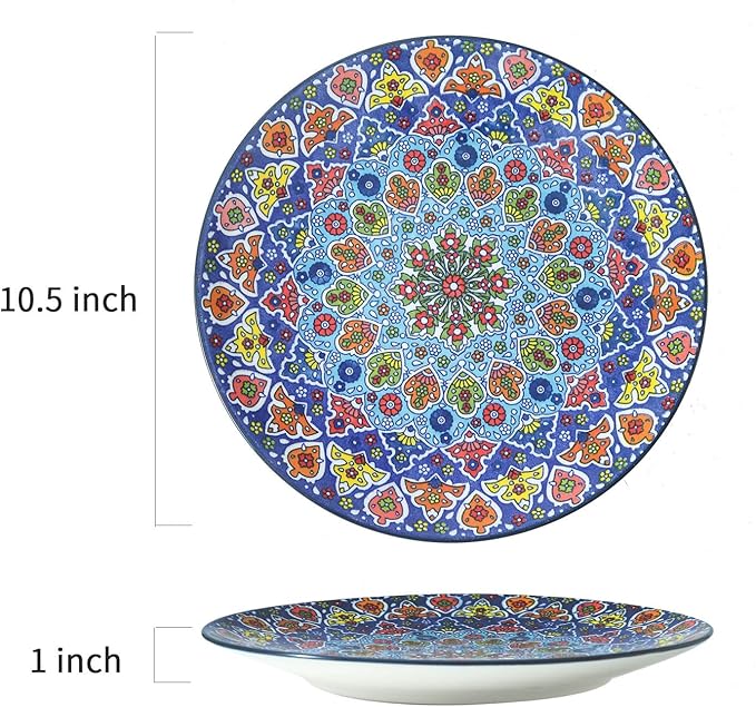 glowworm Dinner Plates Set of 4, 10.5 Inch Ceramic Plates for Steak, Dishes Set for Kitchen, Housewarming Gift，Microwave, Oven & Dishwasher Safe, Bohemian