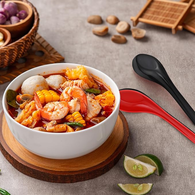 Hushee 100 Pcs Asian Chinese Soup Spoons 6.3 Inches Japanese Korean Miso Soup Spoons Red and Black Bulk with Hook for Soba Wonton Rice Pho Ramen Noodle Dumpling