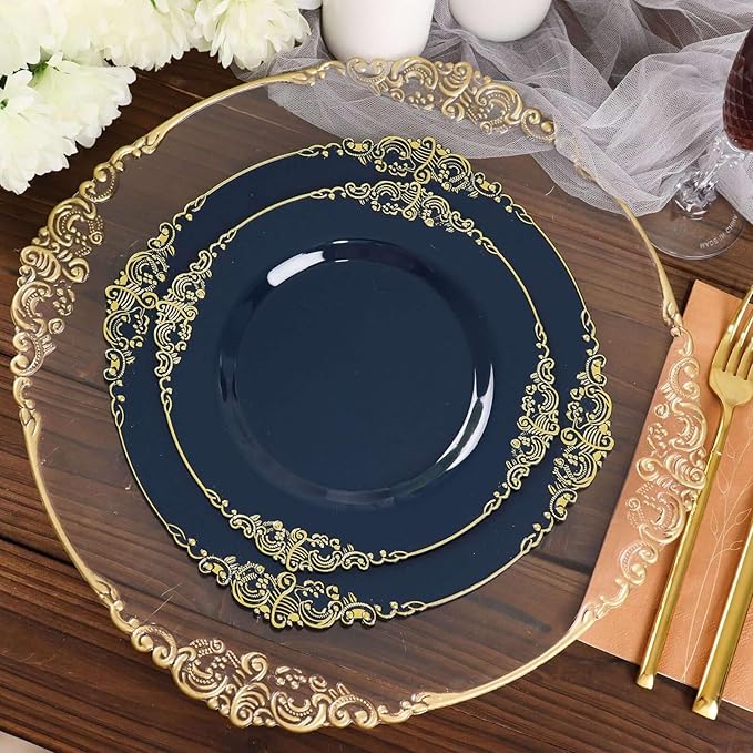 Efavormart 10 Pack | 10" Navy Blue and Gold Baroque Dinner Plates, Leaf Embossed Metallic Rim Heavy Duty Serving Plates for Nautical Receptions