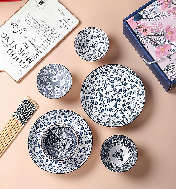 Rice Bowls 10oz, Japanese Style Bowls Set of 6 with Gift Box - Blue and White Ceramic Bowls for Soup, Dessert, Ice Cream, Snack - Kitchen Gifts for Women (Blue and White)