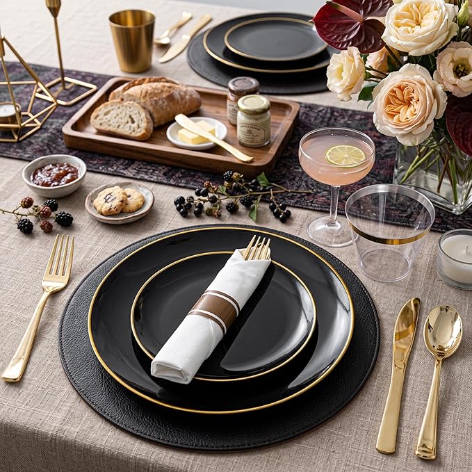 KIRE 100PCS Black and Gold Plates - Black Plastic Plates Disposable with Gold Rim Include 50Pcs 10.25inch Dinner Plate and 50Pcs 7.5inch Dessert/Salad Plate for Party/Wedding/Graduation/Father's Day