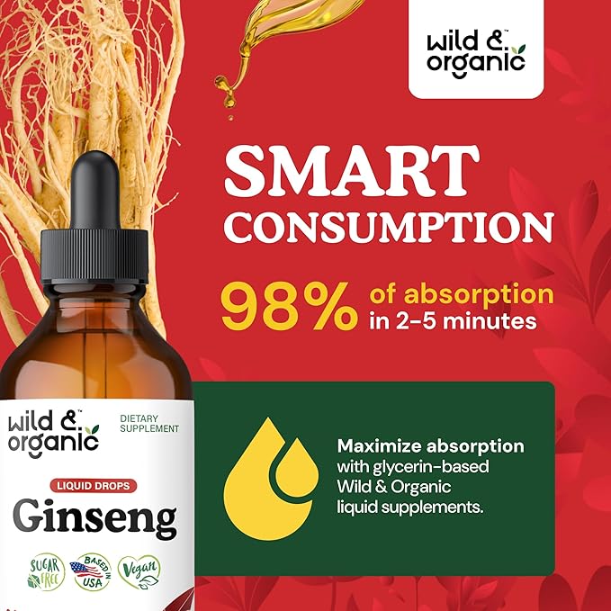 Wild & Organic Korean Panax Ginseng Extract Liquid Drops - Immune & Energy Support - Red Ginseng Root Supplement - Easy to Add to Tea - Vegan, Sugar & Alcohol-Free Tincture - 4 fl oz