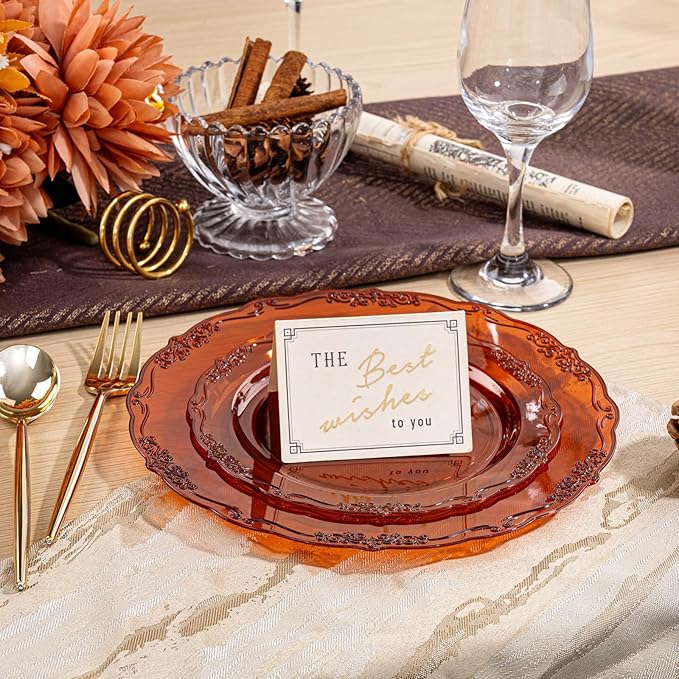 U-QE 100PCS Amber Plastic Plates - Clear Brown Plastic Plates Disposable Heavy Duty - Disposable Plates for Party Including 50PCS 10'' Dinner & 50PCS 7.5'' Dessert Plate
