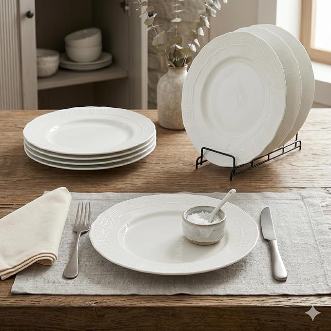 10 Inch Porcelain Dinner Plates Set of 4,Serving Dishes,White,Embossed,Heat Resistant,Scratch Resistant,Highly Glossy Glaze,Dishwasher safe,Microwave safe (Modern 10'')