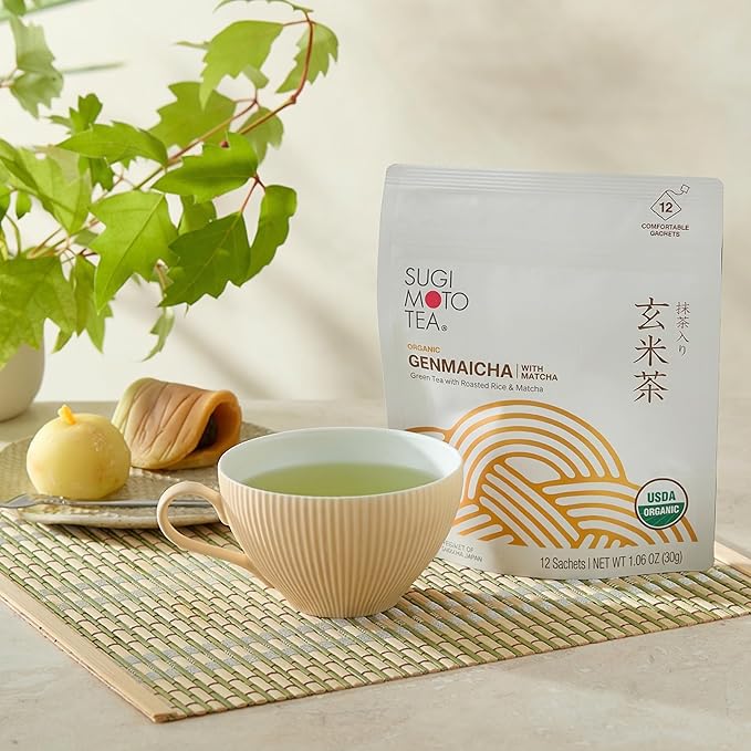 SUGIMOTO TEA Japanese Organic Genmaicha with Matcha Green Tea Bags 12 Count