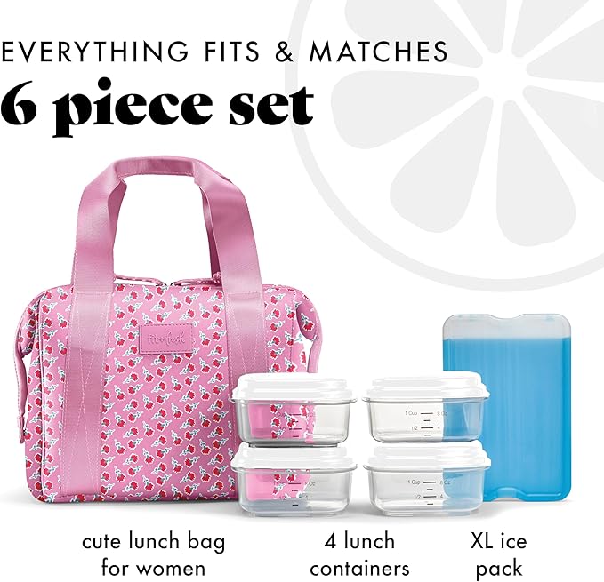 Fit & Fresh Remi Lunch Bag for Women Work – Neoprene Lunch Tote with Containers & Ice Pack, Reusable Meal Prep Lunch Box, Large Capacity, Machine Washable, Sweet Pink Block