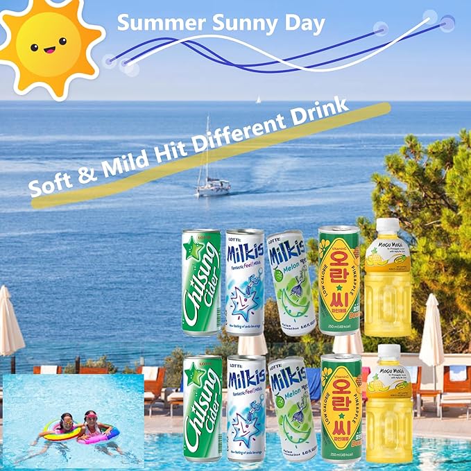 FRKR Korean 10 &12 Drinks Assortment Gift Box [Chilsung Cider/Mikis/Demisoda/Banana Milk/McCOL/MoguMogu/2%/SacSac/Etc.] Soft Drinks + Real Fruit Drinks + Energy Drinks (10, Party Drink)