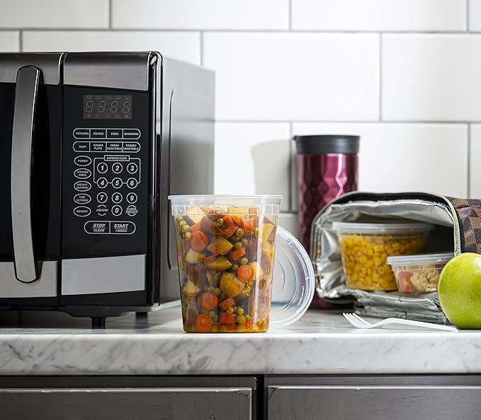 ELEGANT DISPOSABLES 24 OZ - 24 Sets Plastic Deli Food Storage Containers with Airtight Flexible Lids Microwavable, Leak Free, Washable, Freezer Safe.