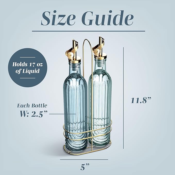 COOK WITH COLOR Glass Olive Oil Bottle Dispenser - 2 Pack- 17oz Oil and Vinegar Cruet - Olive Oil Carafe Decanter for Kitchen, Elegant Fluted, Blue