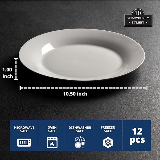 10 Strawberry Street 10.5" Catering Round Dinner Plate, Set of 12 , White