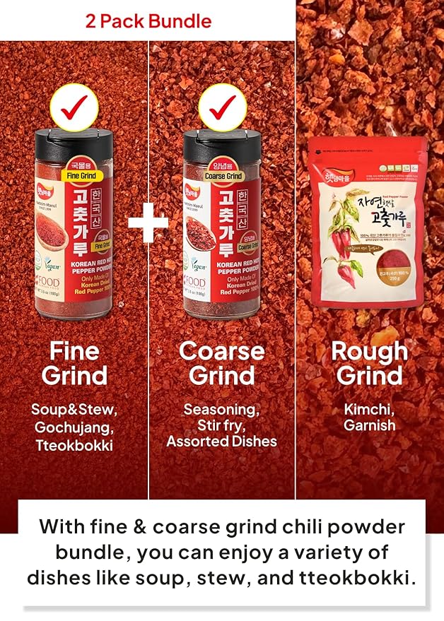 Korean Food Haetnim Maeul 100% Korean Chili Powder Bundle – Fine (3.53oz / 100g) & Coarse (3.53oz / 100g) Red Pepper Powder for Soups, Stir-fry & Kimchi